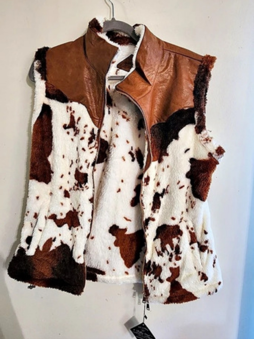 Fluffy Sense Brown Cow Print Faux Fur Faux Leather Vest Plus Size XL NWT